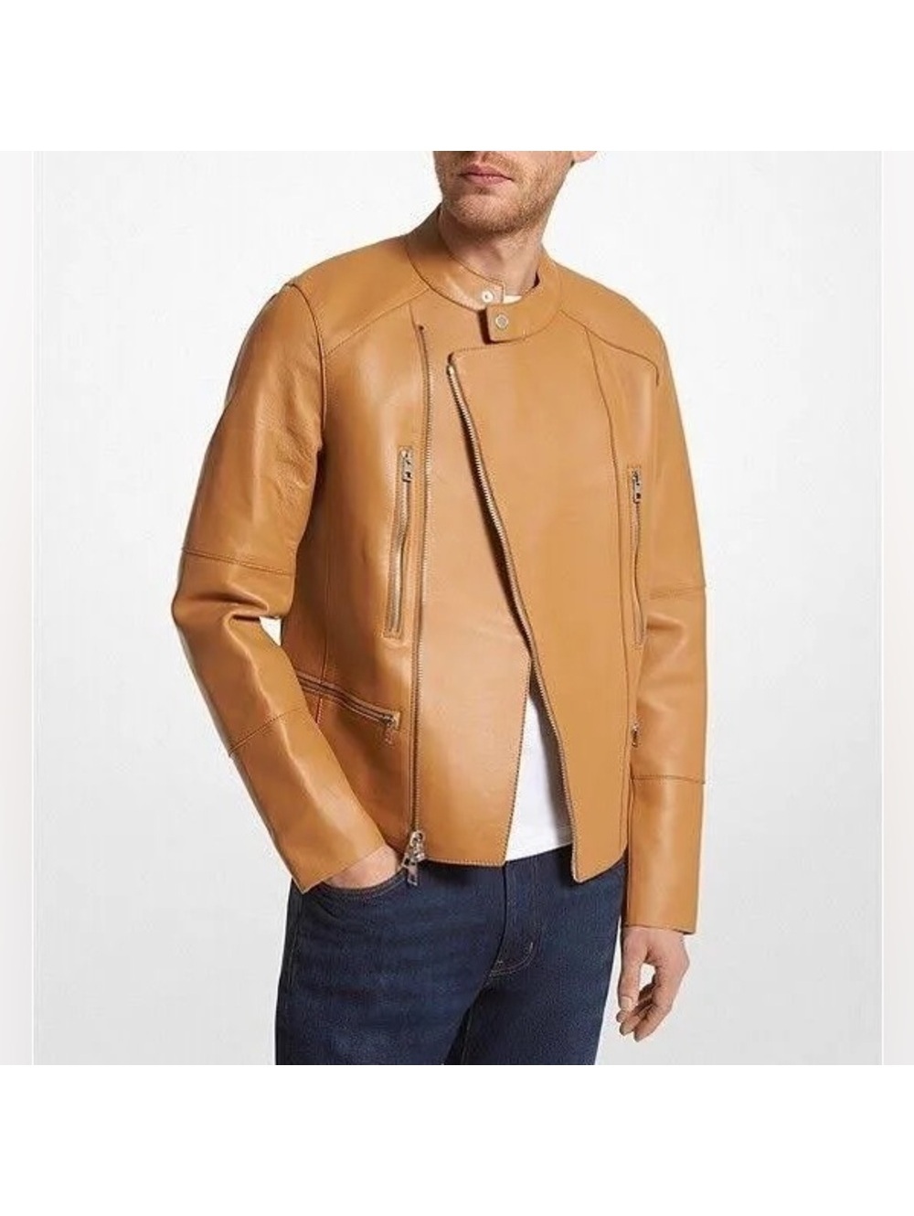 Michael Kors Men’s Nappa Leather Moto Jacket in Tan, NWT Size L $898